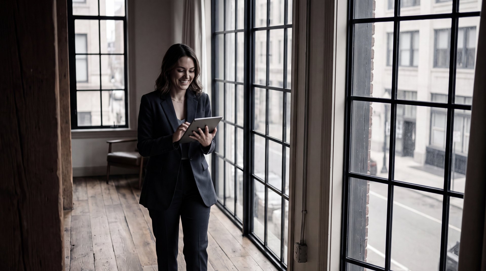 Immobilienmaklerin mit Tablet in einer hellen, modernen Wohnung