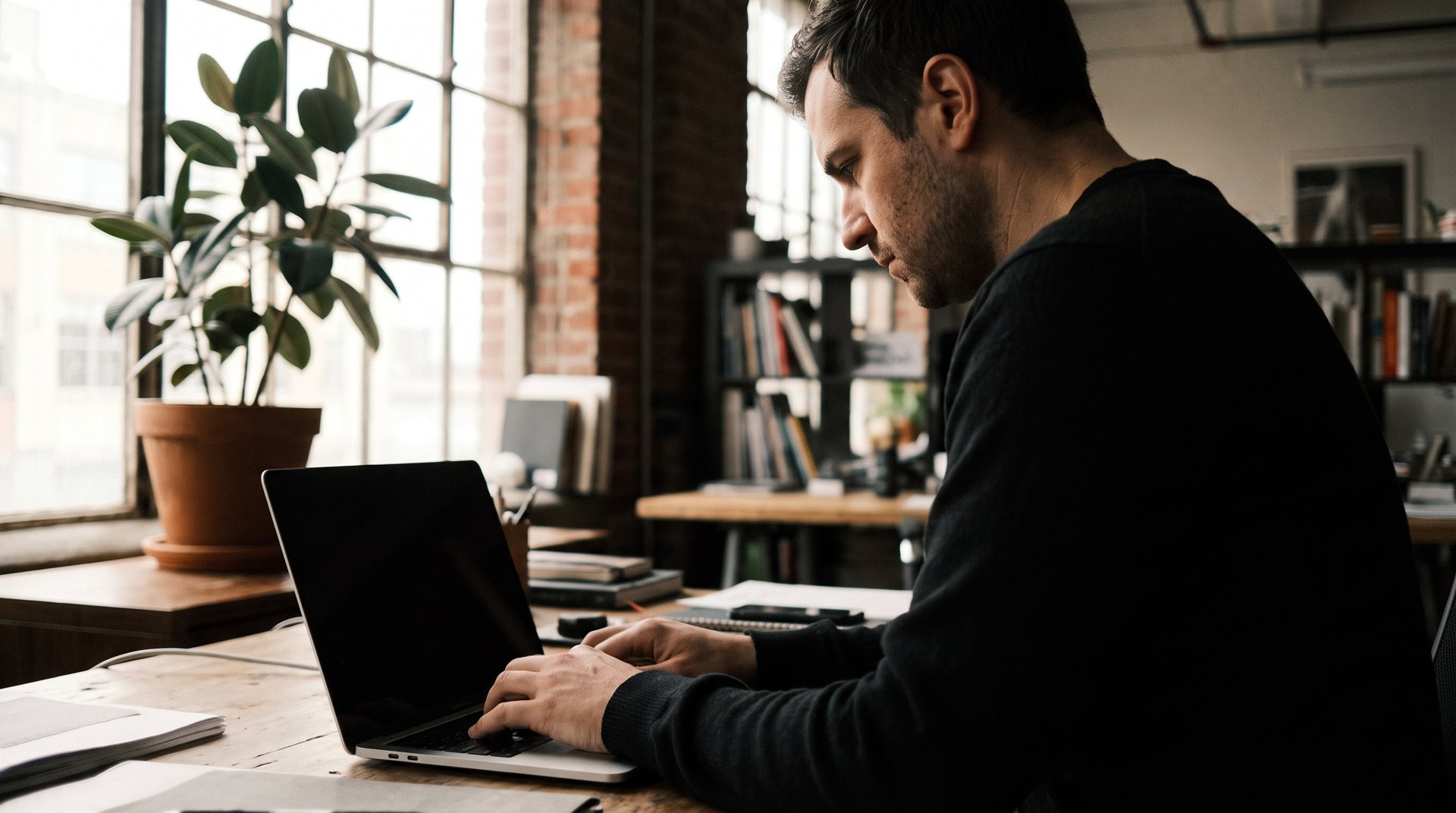 Gründer arbeitet konzentriert am Laptop in seinem Büro